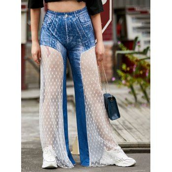 

3D Print Star Mesh Panel Plus Size Wide Leg Pants, Blue