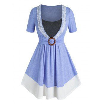 

Plus Size Lace Panel O Ring Colorblock T Shirt, Light blue