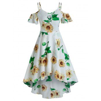 

Sunflower Print Cold Shoulder Overlap Dress, White