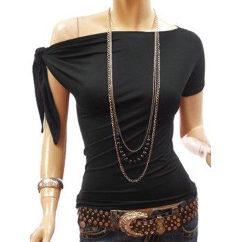 

Tie Knot Skew Neck Plain T-shirt, Black