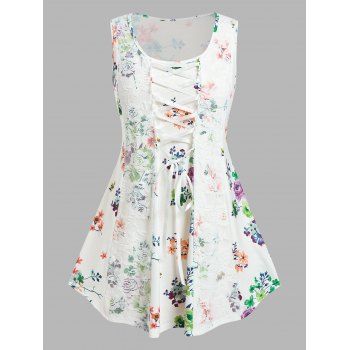 

Plus Size Floral Lace Insert Picot Trim Lace-up Tank Top, White