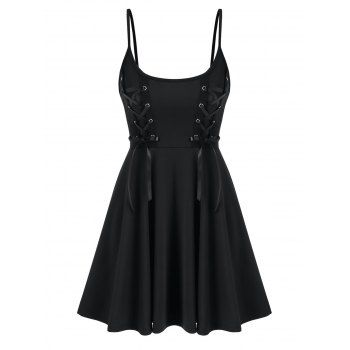 

Spaghetti Strap Lace-up Flare Dress, Black