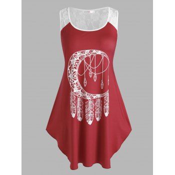 

Plus Size Dreamcatcher Print Lace Panel Longline Tank Top, Deep red