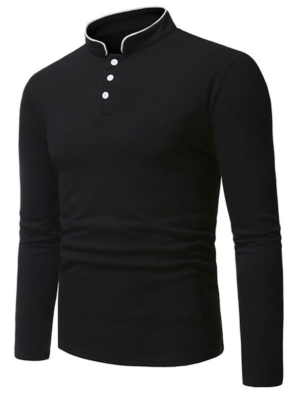 T-shirt Rayé avec Demi-Bouton à Manches Longues - Noir XL