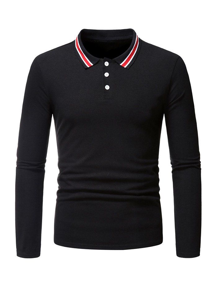 Stripe Turn Down Collar Half Button T-shirt - BLACK XXL