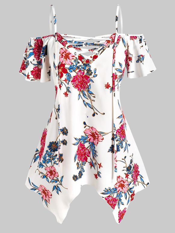 T-shirt Mouchoir à Imprimé Fleuri à Epaule Dénudée de Grande Taille à Lacets - Blanc 5X