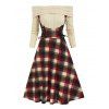 Vintage Off Shoulder Plaid Lace Up 2 In 1 Dress - LIGHT YELLOW L