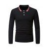 Stripe Turn Down Collar Half Button T-shirt - BLACK XXL