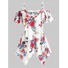 T-shirt Mouchoir à Imprimé Fleuri à Epaule Dénudée de Grande Taille à Lacets - Blanc 3X