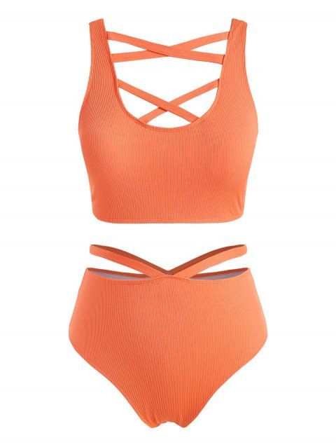 Plus Size Ribbed Crisscross Cutout High Rise Tankini Swimwear