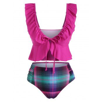 

Ruffle Tie Front Plaid Ruched Tankini Swimwear, Concord