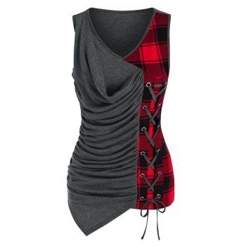 

Ruched Checkered Lace Up Asymmetric Tank Top, Multicolor a
