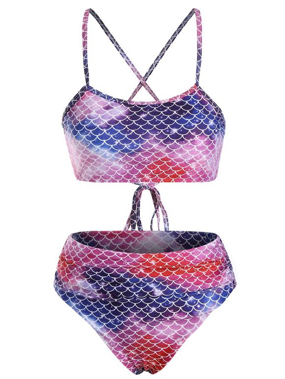 Maillot de Bain Bikini Sirène Croisé Bicolore à Lacets à Volants - multicolor XL