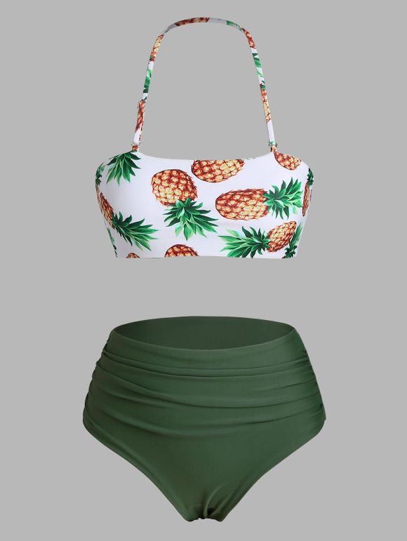 Maillot de Bain Bikini Bandeau à Imprimé Ananas à Lacets - Vert profond S