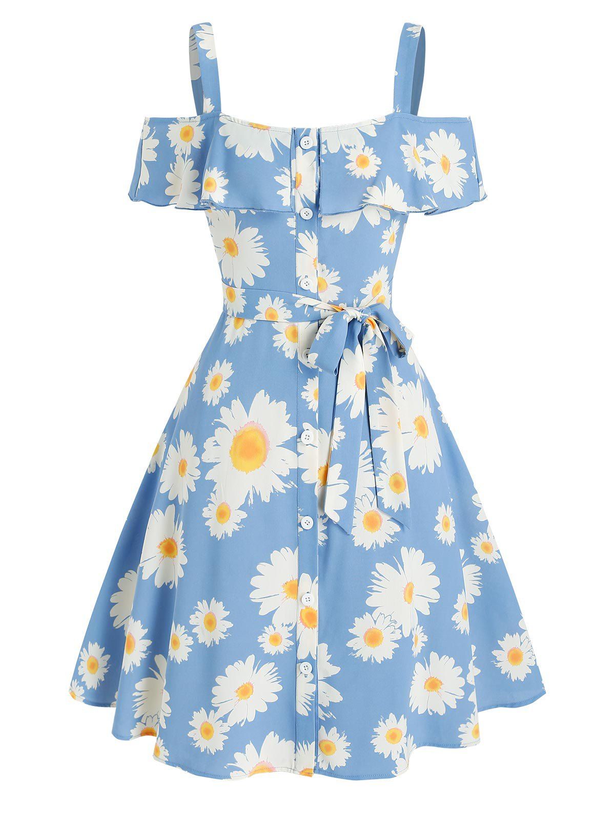 Daisy Print Cold Shoulder Ruffled Dress - LIGHT BLUE XL