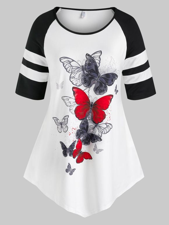 T-shirt Long à Imprimé Papillon à Manches Raglan de Grande Taille - multicolor 2X