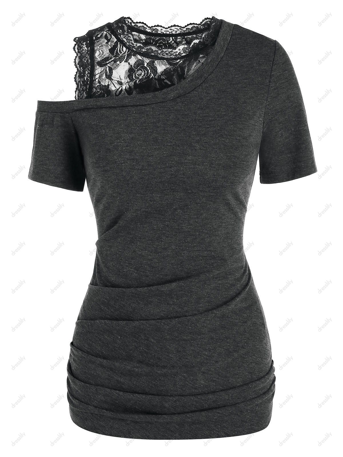 Lace Skew Collar Ruched Tunic T Shirt - DARK GRAY XL