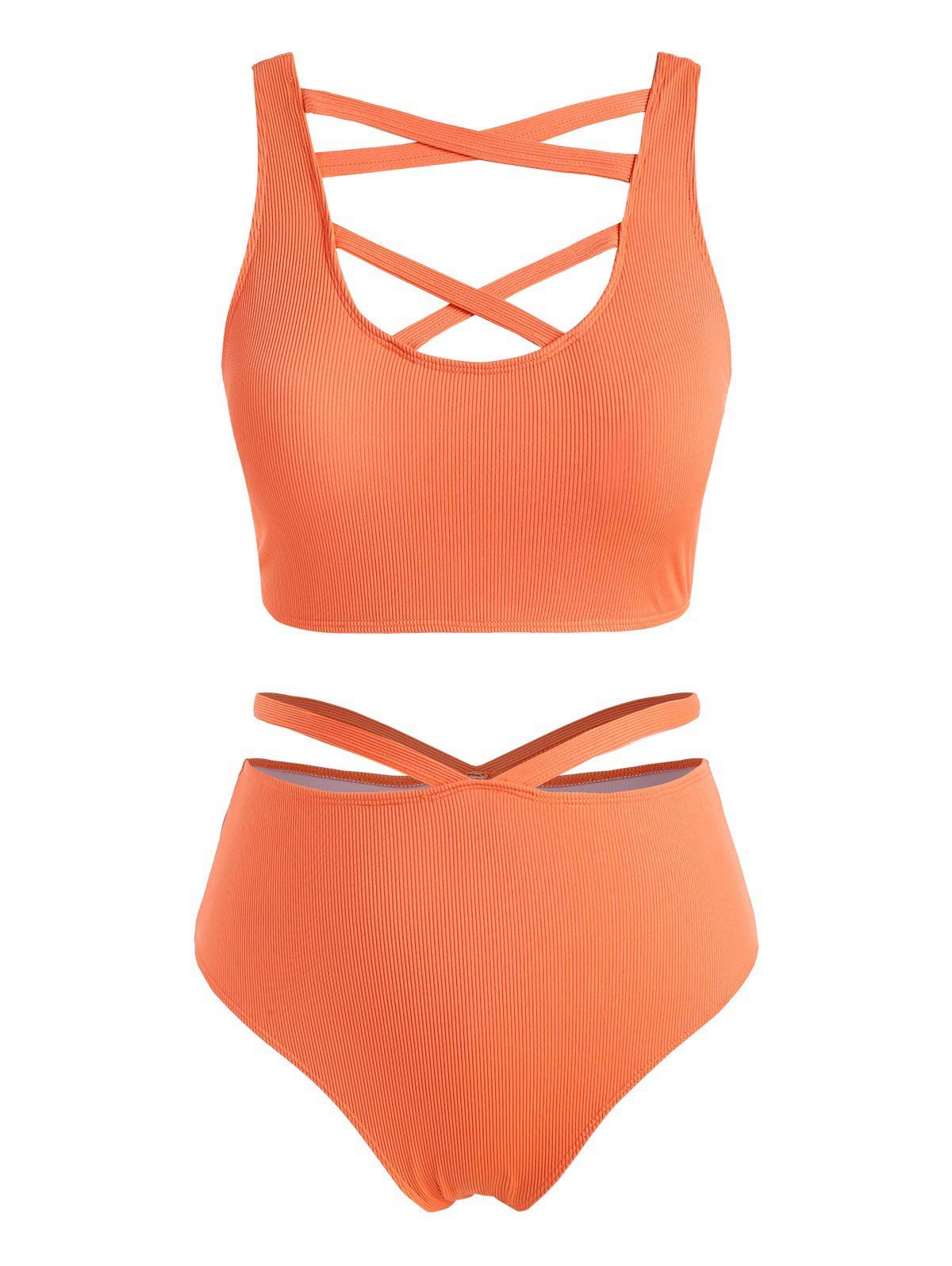 Plus Size Ribbed Crisscross Cutout High Rise Tankini Swimwear - ORANGE 5X