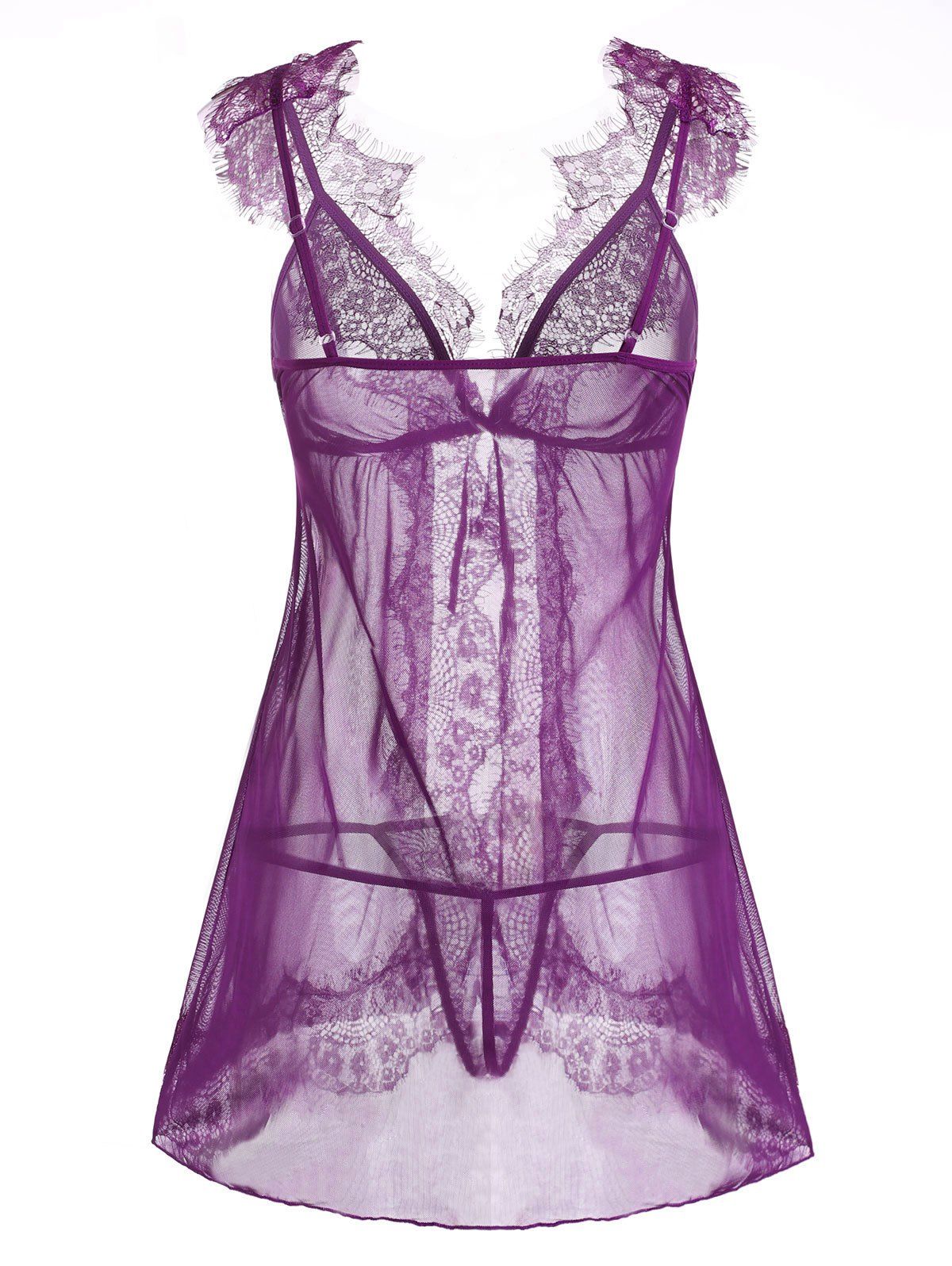 [24% OFF] 2021 Flyaway Lace And Mesh Babydoll Set In CONCORD | DressLily