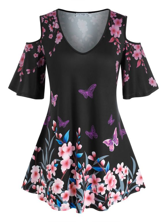 T-shirt à Imprimé Fleur Papillon à Epaule Dénudée de Grande Taille - Noir 3X