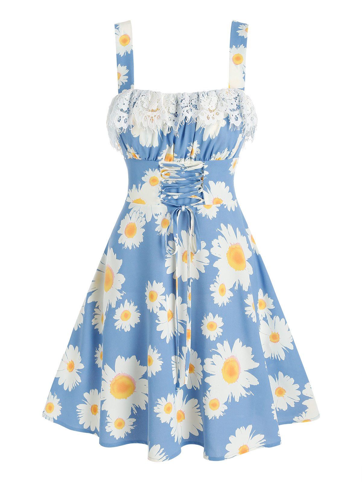 Vacation A Line Mini Sundress Sunflower Print Lace Insert Lace Up Ruched Sleeveless Summer Dress - BLUE XL