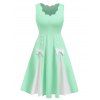 Plain Color A Line Mini Dress Scalloped Bowknot Mock Button High Waist Sleeveless Summer Dress - LIGHT GREEN M