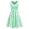 Robe d'Eté Contrastée Nouée sans Manches à Taille Haute en Ligne A avec Faux Bouton - Vert clair XL