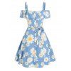 Robe Découpée à Imprimé Marguerite à Epaule Ouverte à Volants - Bleu clair 2XL