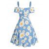 Daisy Print Cold Shoulder Ruffled Dress - LIGHT BLUE XL