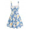 Vacation A Line Mini Sundress Sunflower Print Lace Insert Lace Up Ruched Sleeveless Summer Dress - BLUE XL