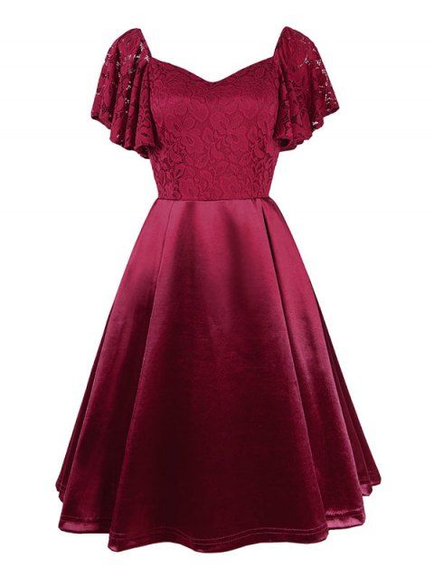 A Line Knee Length Party Dress Sweetheart Neck Lace Bodice Butterfly Sleeve Solid Color Pleated Dress