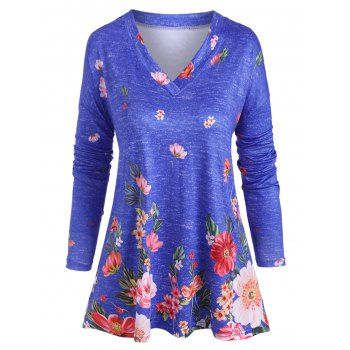 

Plus Size Floral Print V Neck T Shirt, Blue