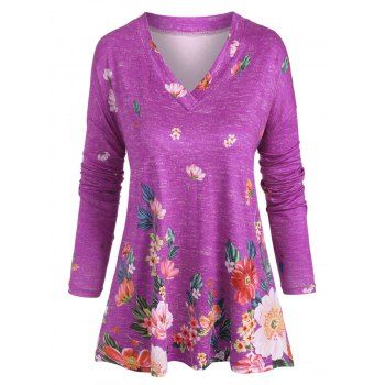 

Plus Size Floral Print V Neck T Shirt, Purple