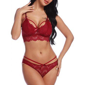

Bowknot Scalloped Trim Bra Set, Red
