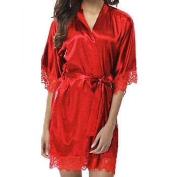 

Eyelash Lace Pane Belted Satin Robe With T-back, Red