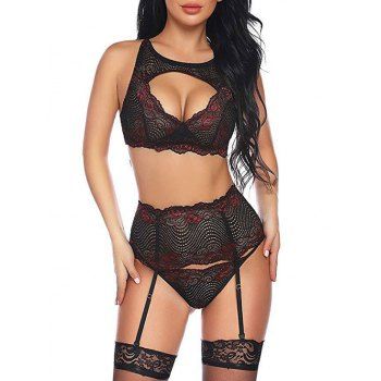 

Cut Out Scalloped Lace Garter Belt Lingerie Set, Deep red