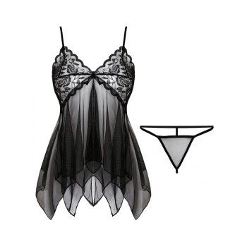 

Lace and Mesh Handkerchief Hem Babydoll Set, Black