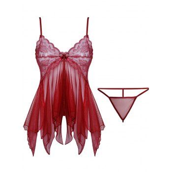 

Lace and Mesh Handkerchief Hem Babydoll Set, Red