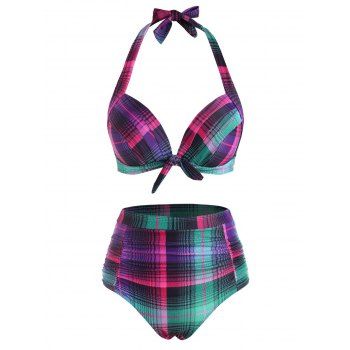 

Halter Knot Plaid Ruched Moulded Bikini Swimwear, Concord