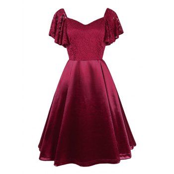 

A Line Knee Length Party Dress Sweetheart Neck Lace Bodice Butterfly Sleeve Solid Color Pleated Dress, Red