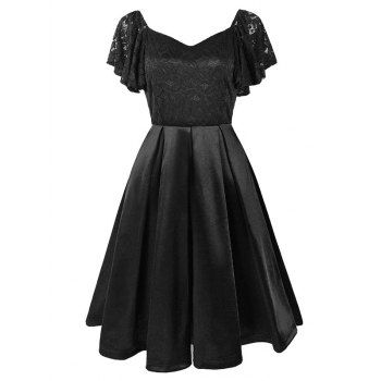 

A Line Knee Length Party Dress Sweetheart Neck Lace Bodice Butterfly Sleeve Solid Color Pleated Dress, Black