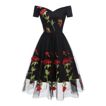 

Floral Embroidered Mesh Off Shoulder Party Dress, Black