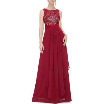 

Embroidered Overlay Chiffon Panel Maxi Dress, Red