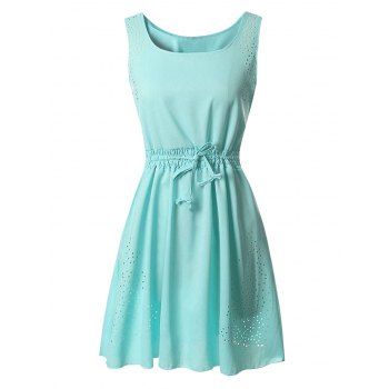 

Drawstring Waist Laser Cut Sleeveless Dress, Light blue