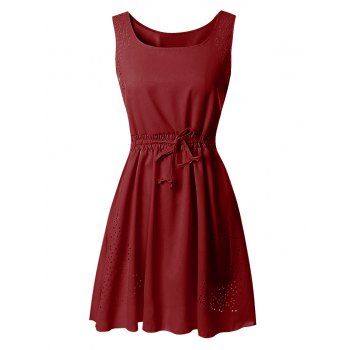 

Drawstring Waist Laser Cut Sleeveless Dress, Red