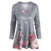 T-shirt Fleuri Imprimé de Grande Taille à Col V - Gris Clair 2XL
