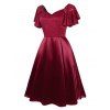 A Line Knee Length Party Dress Sweetheart Neck Lace Bodice Butterfly Sleeve Solid Color Pleated Dress - RED S