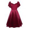 A Line Knee Length Party Dress Sweetheart Neck Lace Bodice Butterfly Sleeve Solid Color Pleated Dress - RED XXL