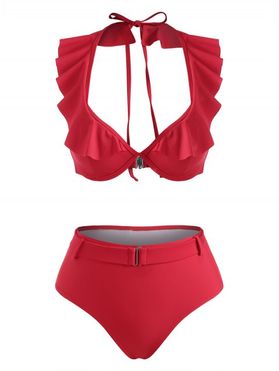 Halter Ruffle Monowire Belted Bikini Swimwear