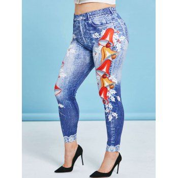 

Plus Size Christmas Bells Print Jeggings, Blue